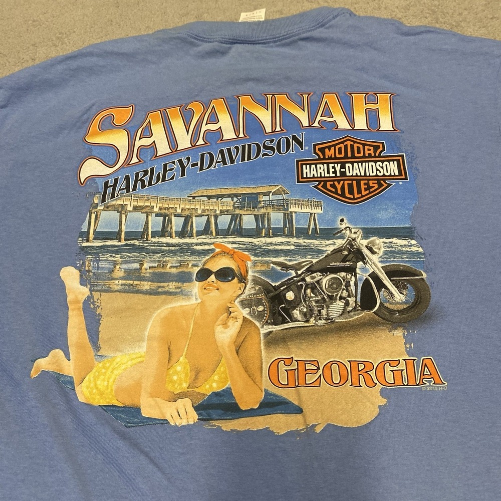 Harley Davidson T Shirt Mens Large Blue Double Sided Savannah Beach Girl Bike